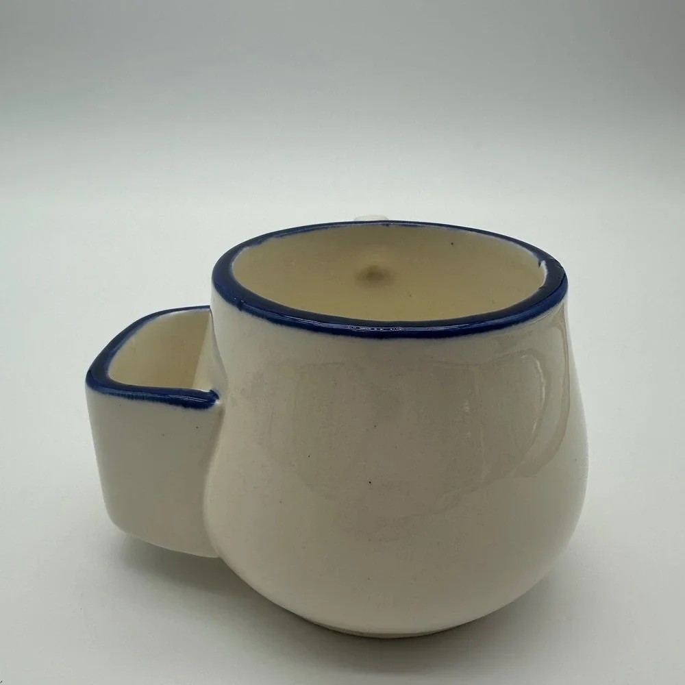 Vintage Ceramic Shaving Cream Mug with Side Brush Pocket Blue Rim Cream Pottery